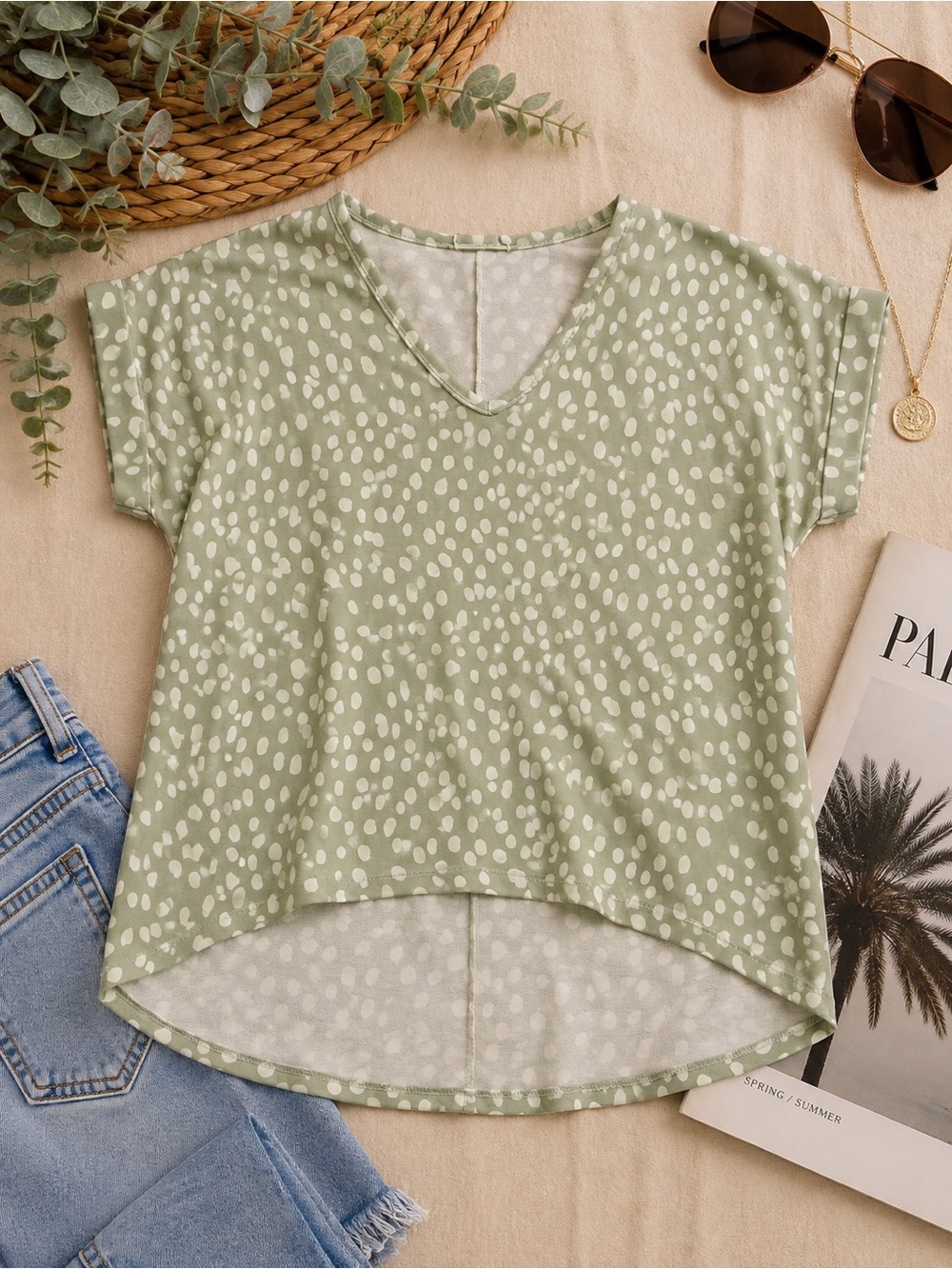 Peach Love California Light Sage Green Polka Dot V-Neck Tunic